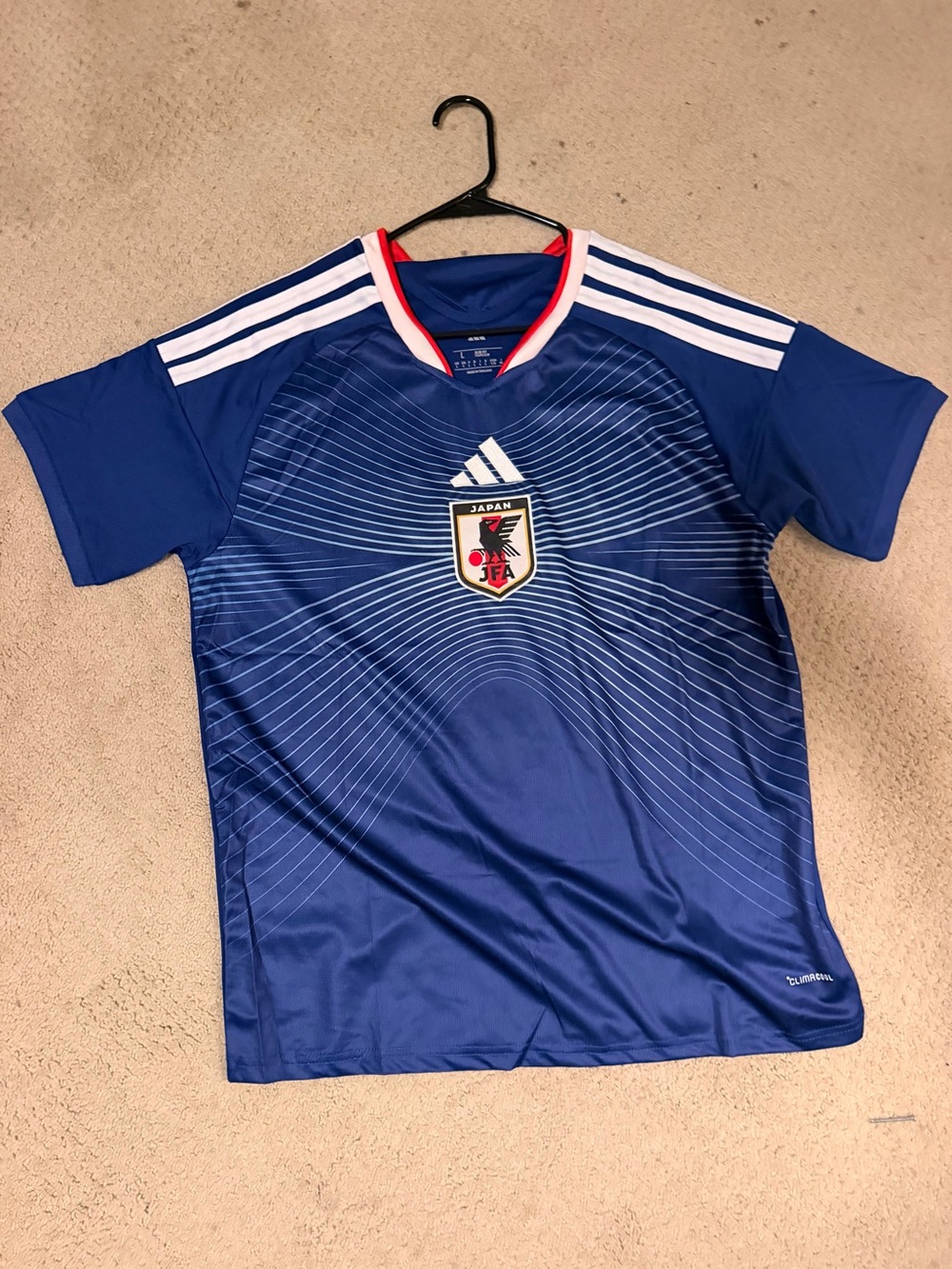 adidas Blue Japan Football Crest Men's Soccer Jersey with White Stripes